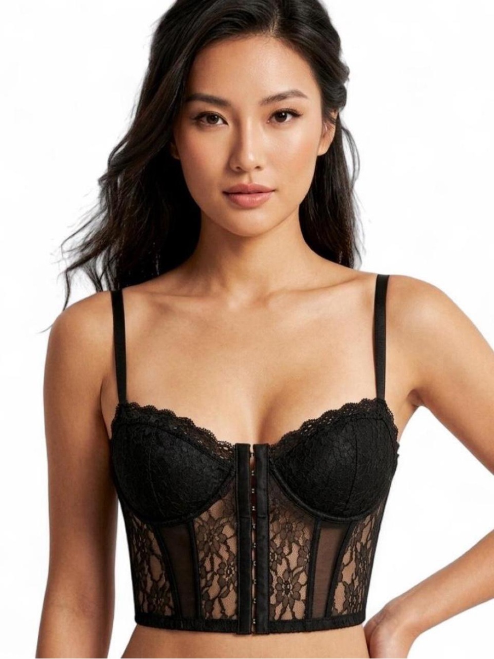 Black Lace Bustier Corset Top Size M Sheer Mesh Boned Bralette Coquette Y2K
